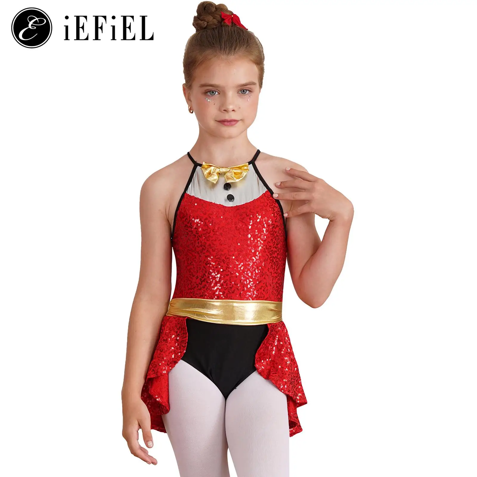 Girls Sparkly Sequins Christmas Costume Halter Bowknot Tutu Dress Leotard for Xmas Ballet Dance Ice Skating Performance