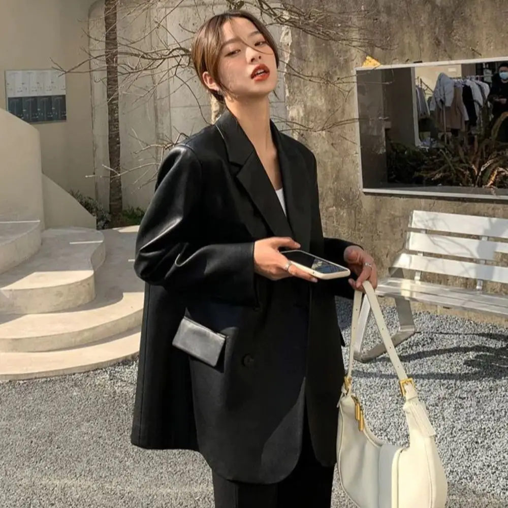 

Classic Lapel Collar Leather Jacket Women Outerwear Korean Chic Suit Leather Jacket Retro Loose Vintage PU Coats Streetwear