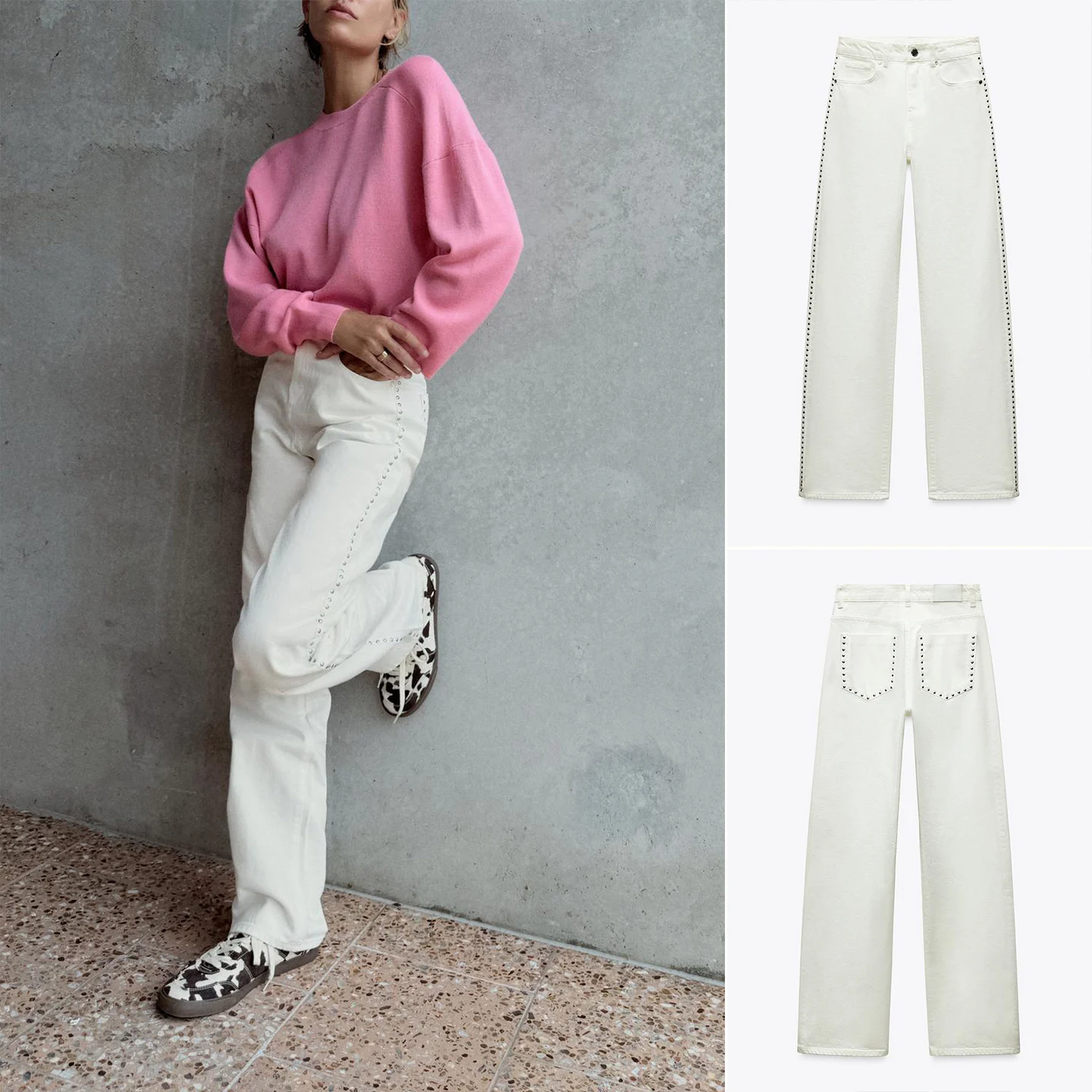 

Летние новые женские джинсы прямого кроя с пятью карманами и декоративными заклепками, повседневные, с высокой талией, длинные брюки