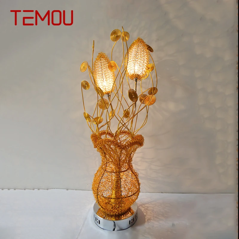 

TEMOU Modern Golden Table Lamp Fashionable Art Iiving Room Bedroom Wedding LED Aluminum Wire Desk Light