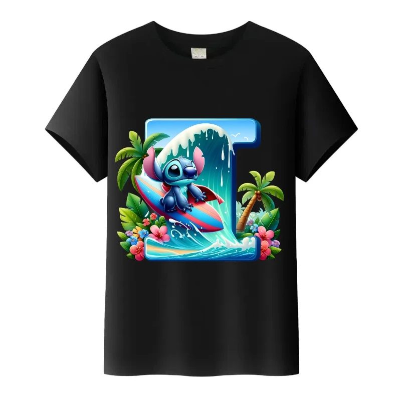 Kawaii ديزني الكرتون غرزة إلكتروني طباعة الصيف بلايز Harajuku امرأة الملابس قميص أسود الرجال البلوزات الاطفال تيز الأسرة تي شيرت