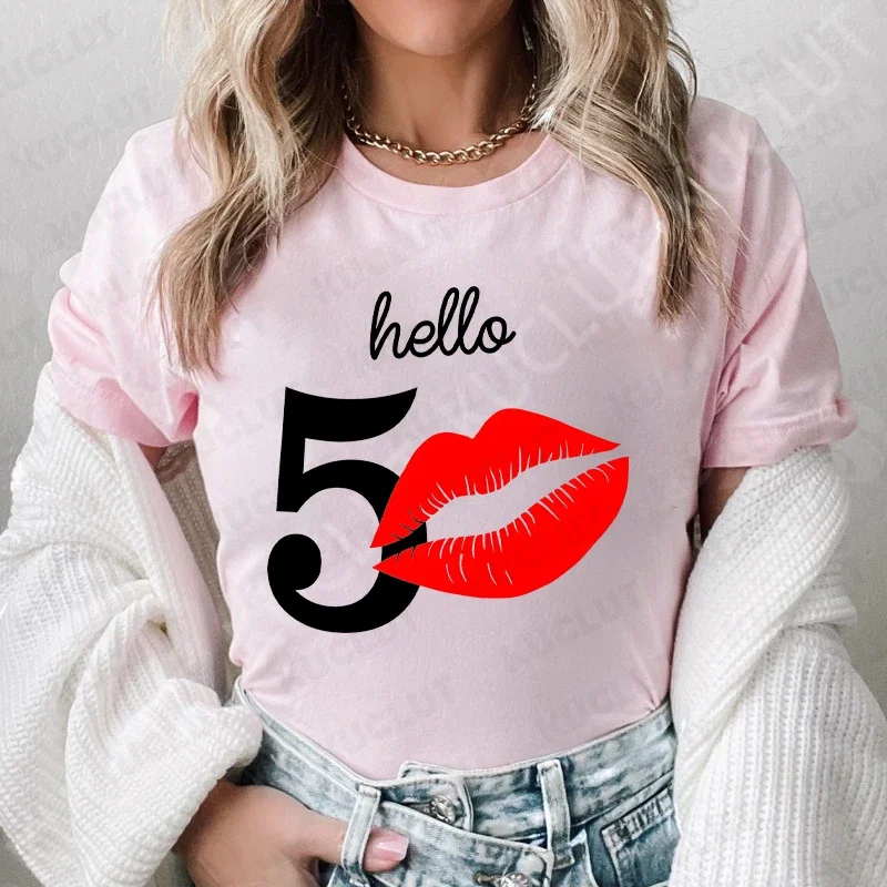 Hello 50 Birthday Party T-shirts for Women Fashion Graphic Tops Birthday Gift for Mum Short Sleeve Tee Aesthetic Female Clothing