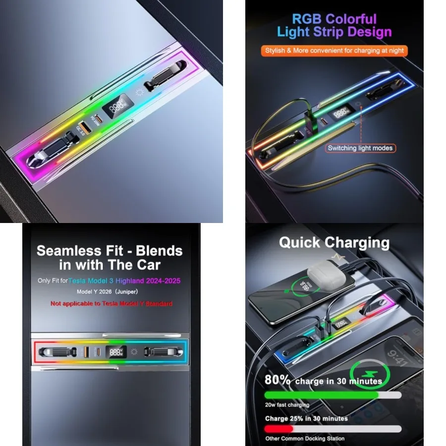 

USB Hub for Tesla Model Y Juniper 2026 and Model 3 Highland 2024-2025 with RGB Ambient Light, 4-Port Docking Station, Tesla Pho