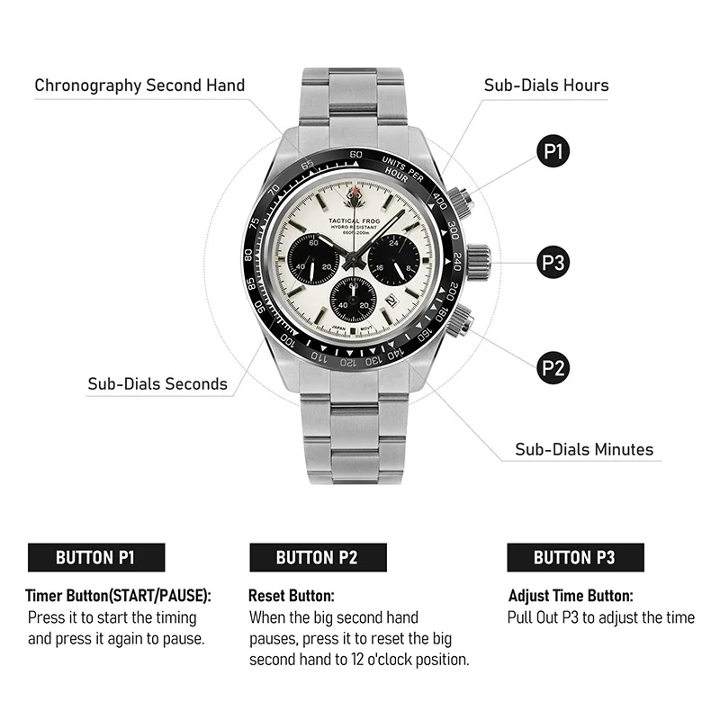 Tactical Frog 41mm Watch For Men Panda Chronograph VS75A Solar Quartz Movement Sapphire C3 Luminous 200M Waterproof Men's Watch