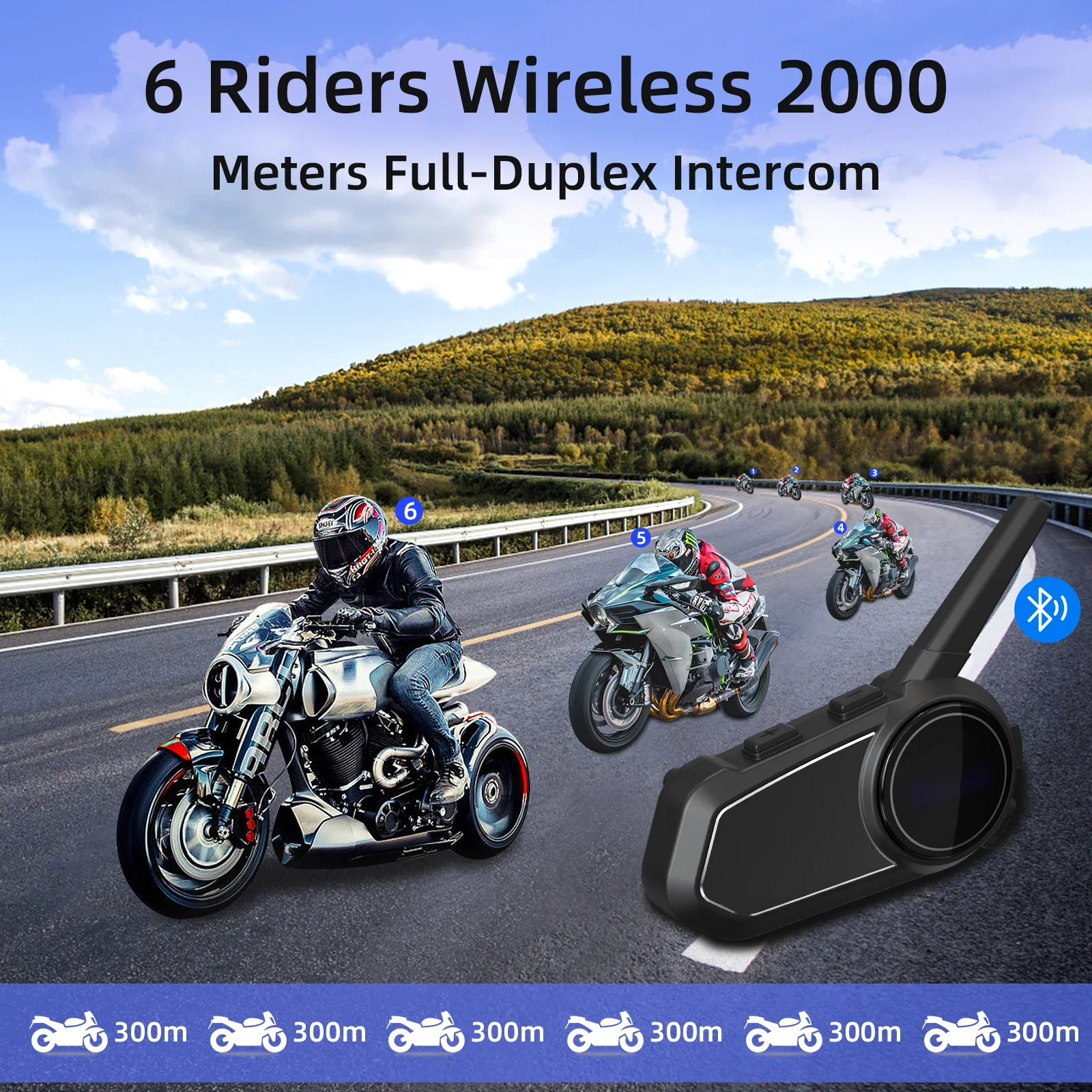 S6 PLUS Motorcycle Helmet Intercom Headset for 6 Rider 2000m Communicate BT5.1 Moto Wireless Headset Waterproof Noice Reduction