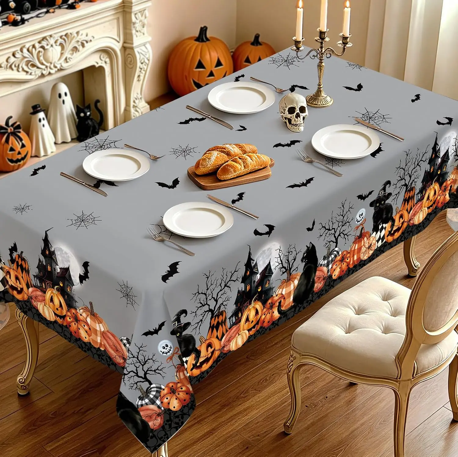 Halloween Haunted House Pumpkin Bat Cat Tablecloth for Table Decor Reusable Kitchen Dining Tablecloth Halloween Decorations