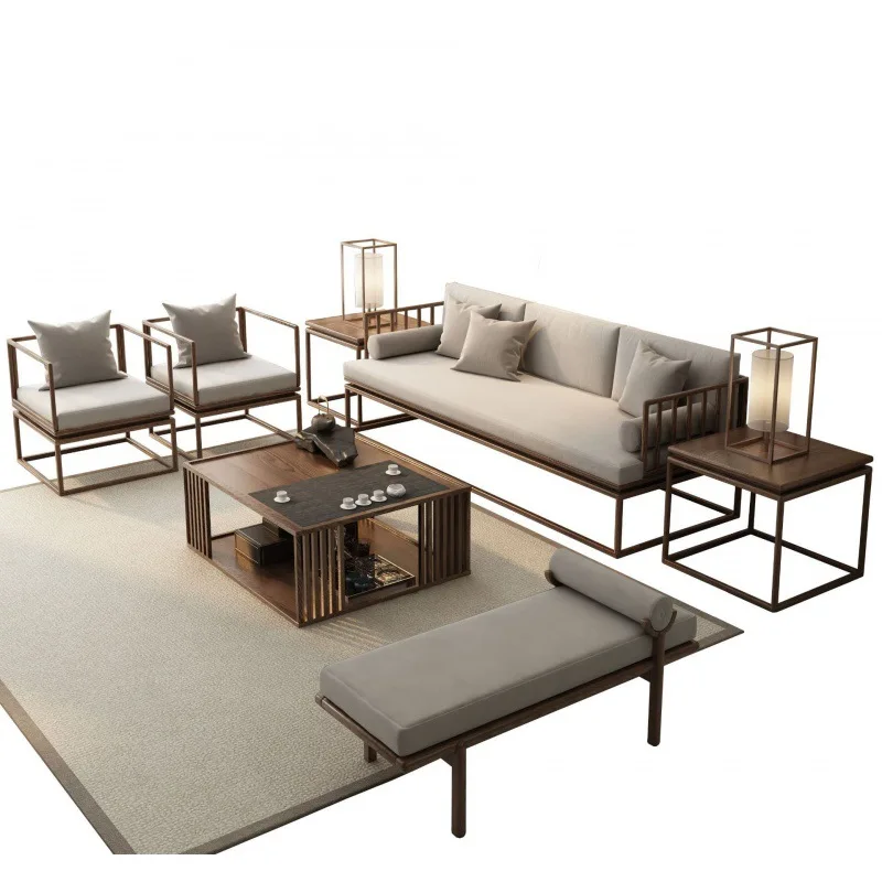 New Chinese-style solid wood sofa combination living room Modern villa B & B club Zen-style large and small apartment furniture