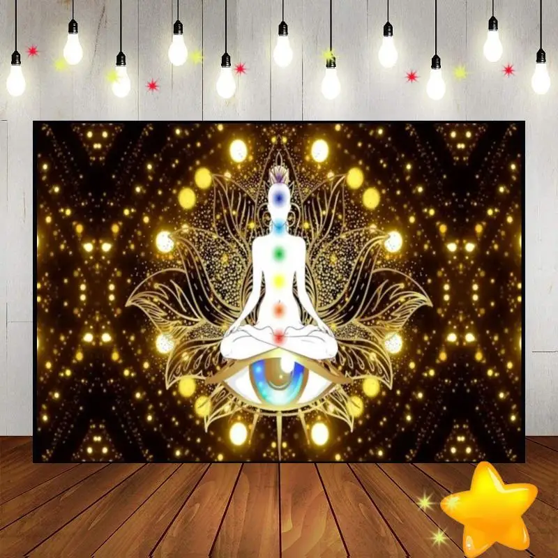 

Chakra Eyes Lotus Yoga Meditation Hanging Buddha Spiritual Bohemian Party Custom Birthday Backdrop Background Decoration Banner