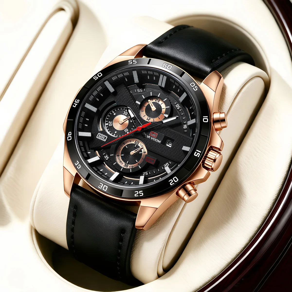 VA VA VOOM Watch 46mm Case Men Black Leather Fashion Sports Quartz Clock Racing Series Free Shipping Waterproof Military Watches