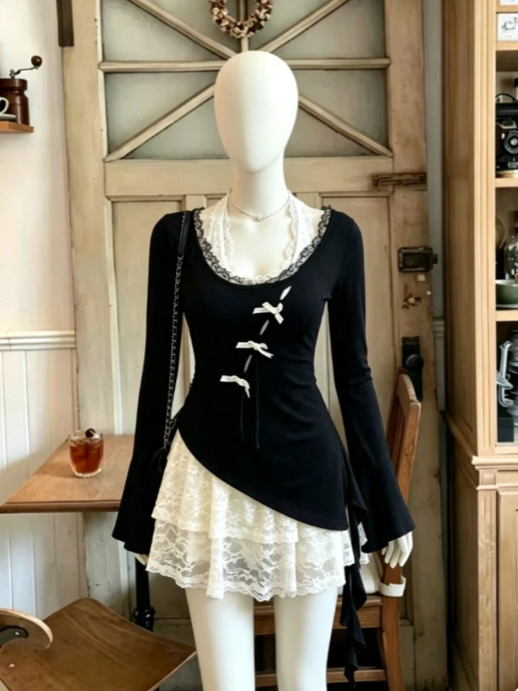 Y2K Shoujo Coquette Ballet Core 2000s Ladies Two Piece Outfits Long Sleeve Tops Korean Kpop Mini Lace Summer Matching Dress Set