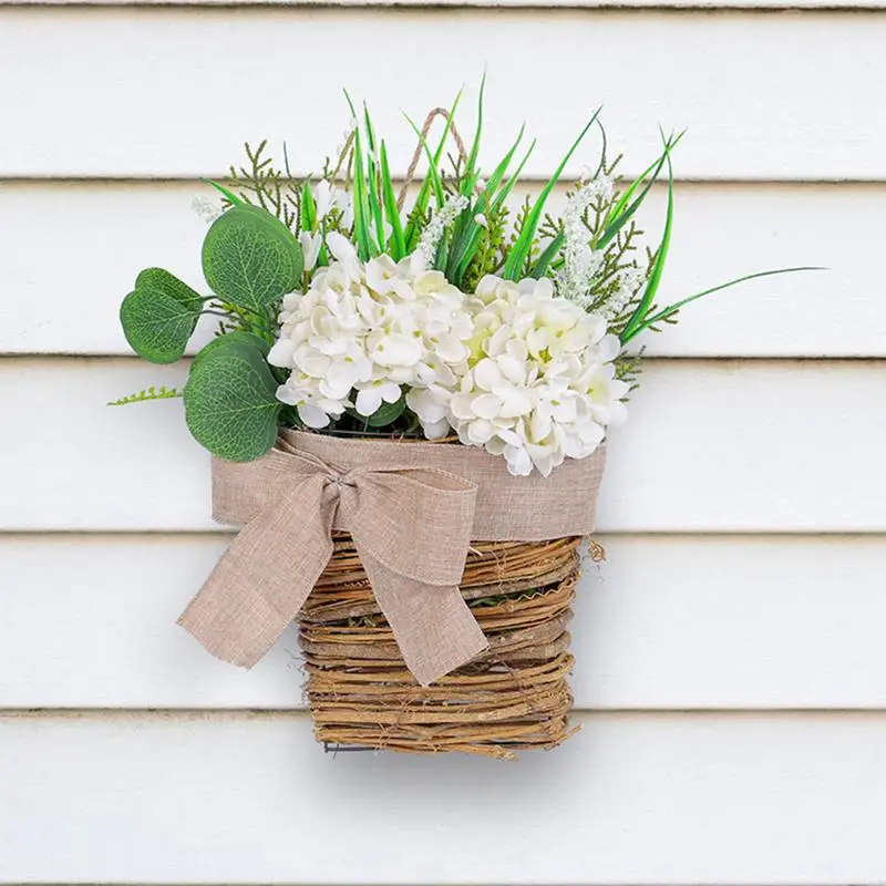 

Door Flower Basket Artificial Hydrangea Hanger Farmhouse Floral Hydrangea Wreath Basket For Front Door Window Wall