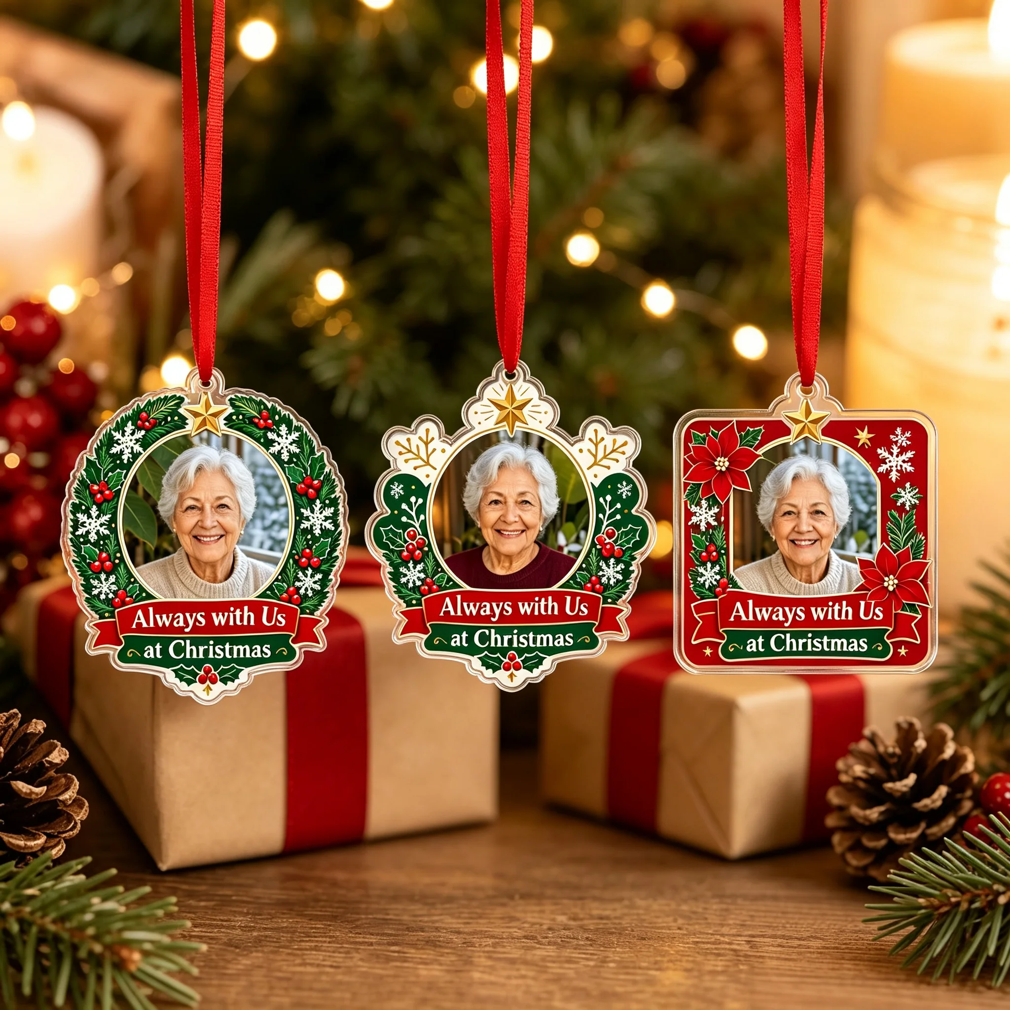 Custom Photo 2D Flat Acrylic Christmas Ornament Personalized Picture Wreath Memorial Keepsake Hanging Decoration Christmas Gift
