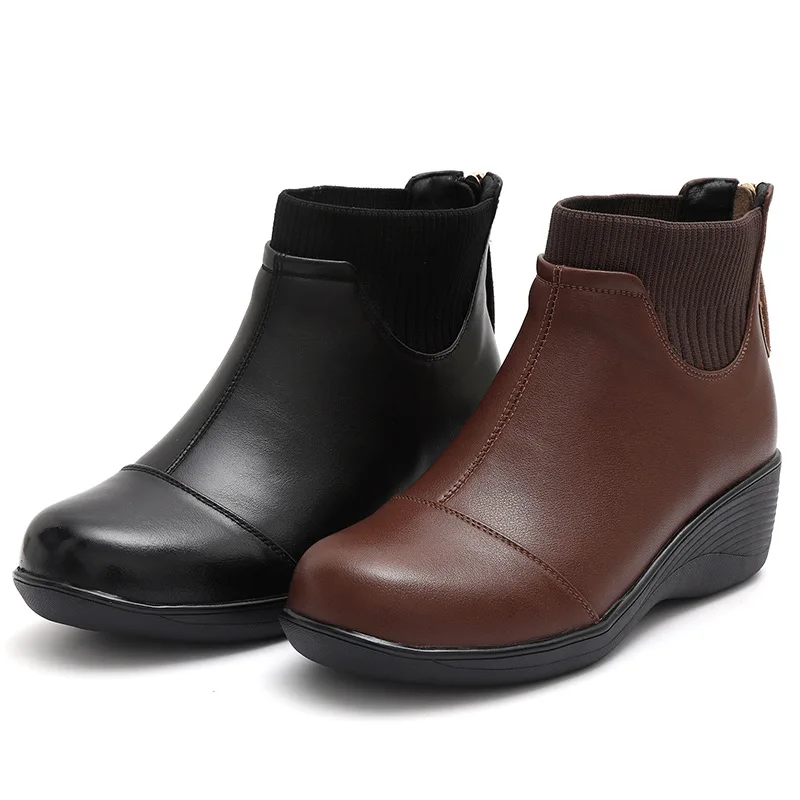 

Women's Genuine Leather Short Boots 2025 New Autumn Winter Ankle Boots Wedges Mother Winter Warm Shoes Plus Size Women's Shoes