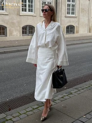 Clacive Fashion Loose White Women Two Pieces Set 2025 Elegant Long Sleeve Blouse With High Waist Ankle Length Skirt Set Female