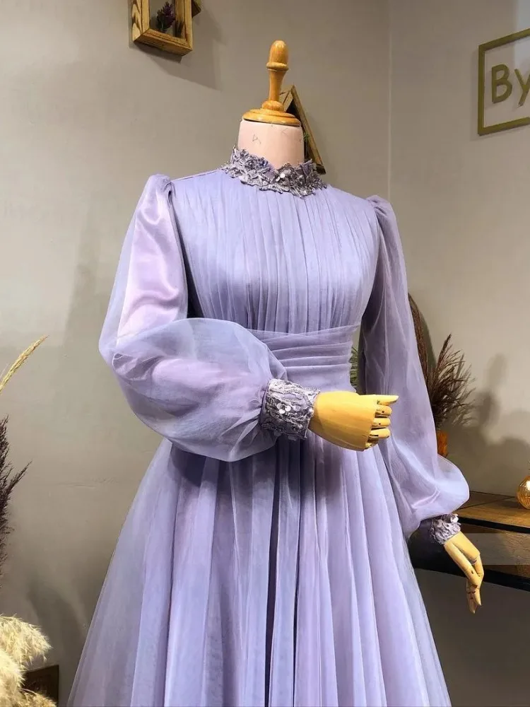 Lavanda alta pescoço a linha vestidos de noite muçulmano vintage tule mangas compridas formal vestidos de festa de baile plus size