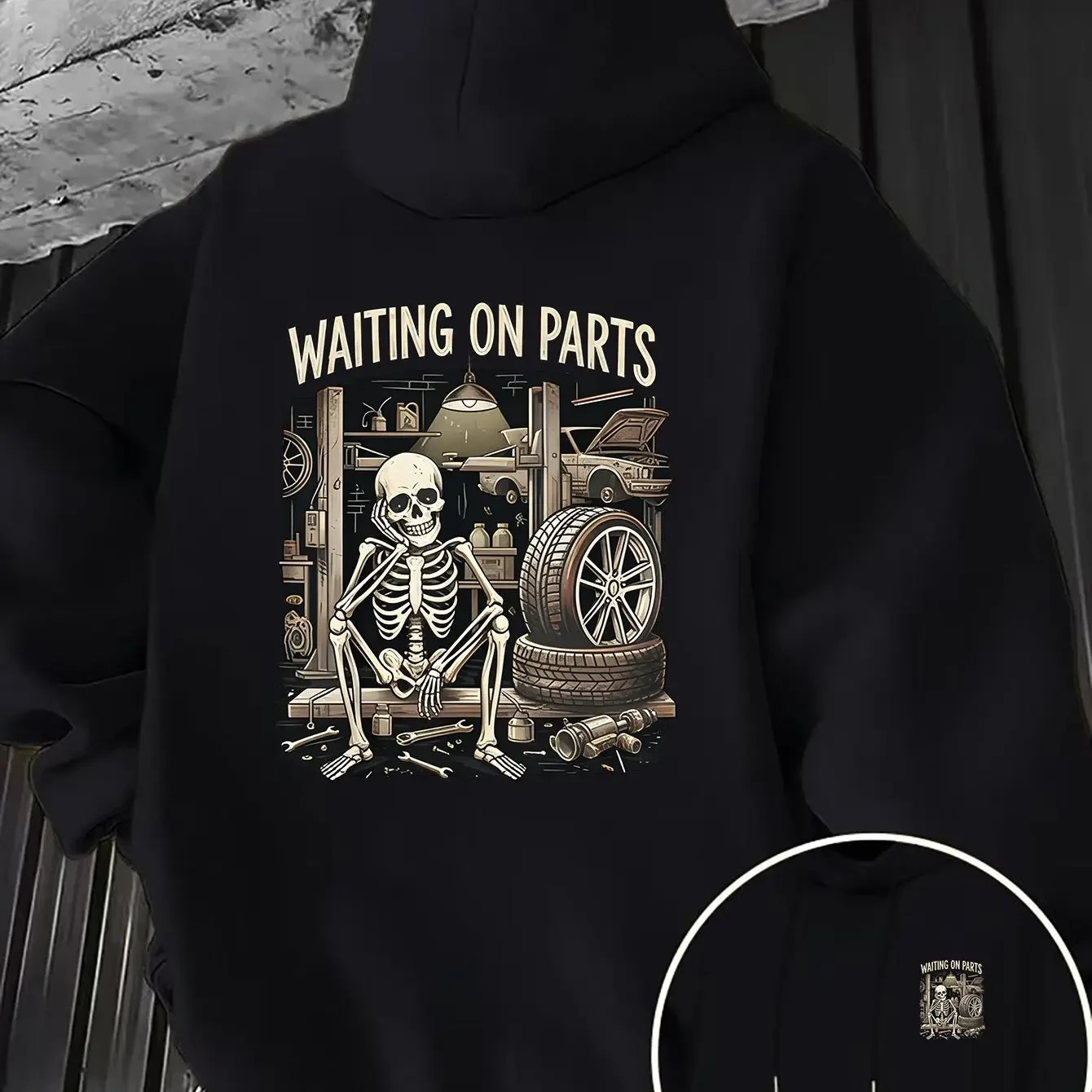 Vintage Skeleton Waiting For Auto Parts Garage Tool Graphic Front Chest Back Double Print Wine Red Oversized Hoodies For Car