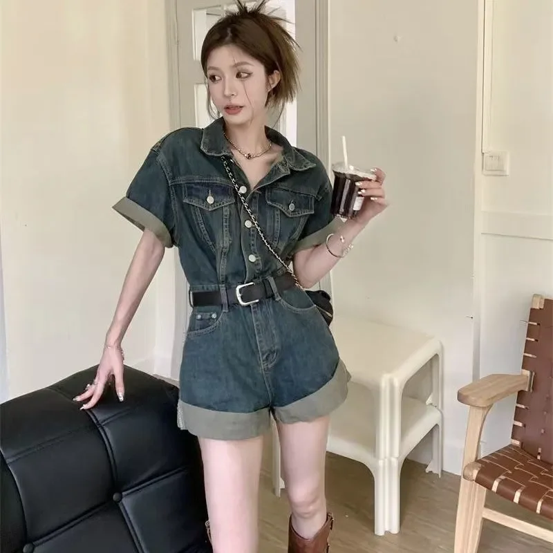 Summer New Denim Jumpsuit Women's All-in-one Short-sleeved Retro Waisted Overalls Shorts Fashion Suit