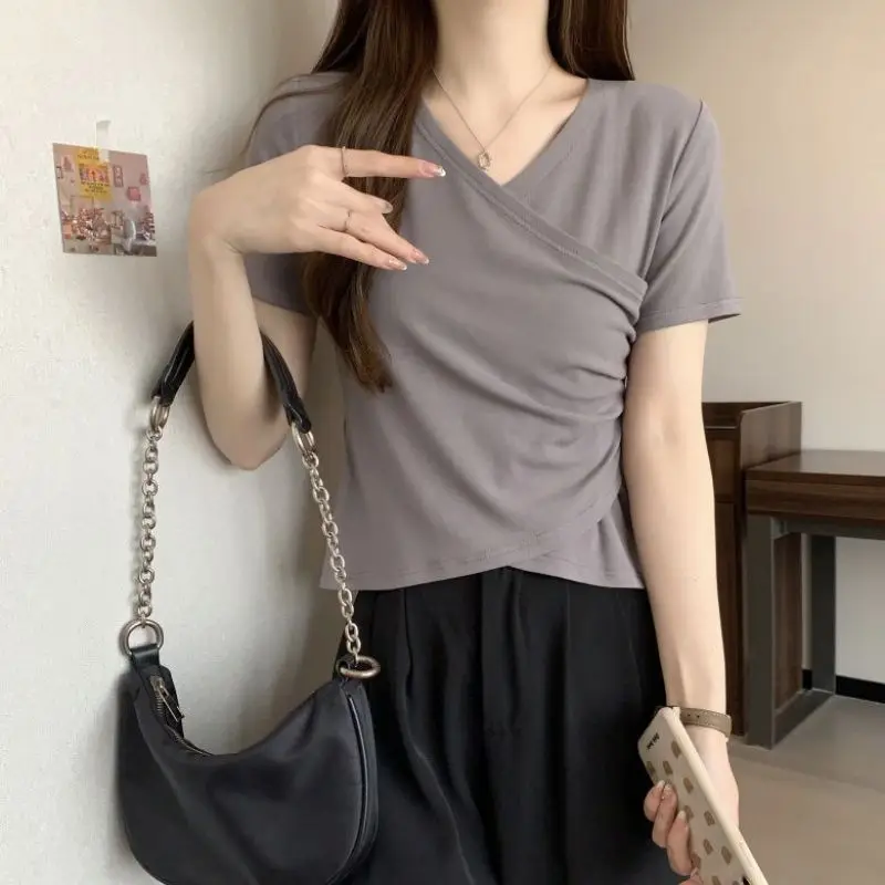 20224 New Summer Oversized High Waist T-shirts for Women Elegant Fashion Solid Color Irregular Splicing V Neck Short Sleeve Tops