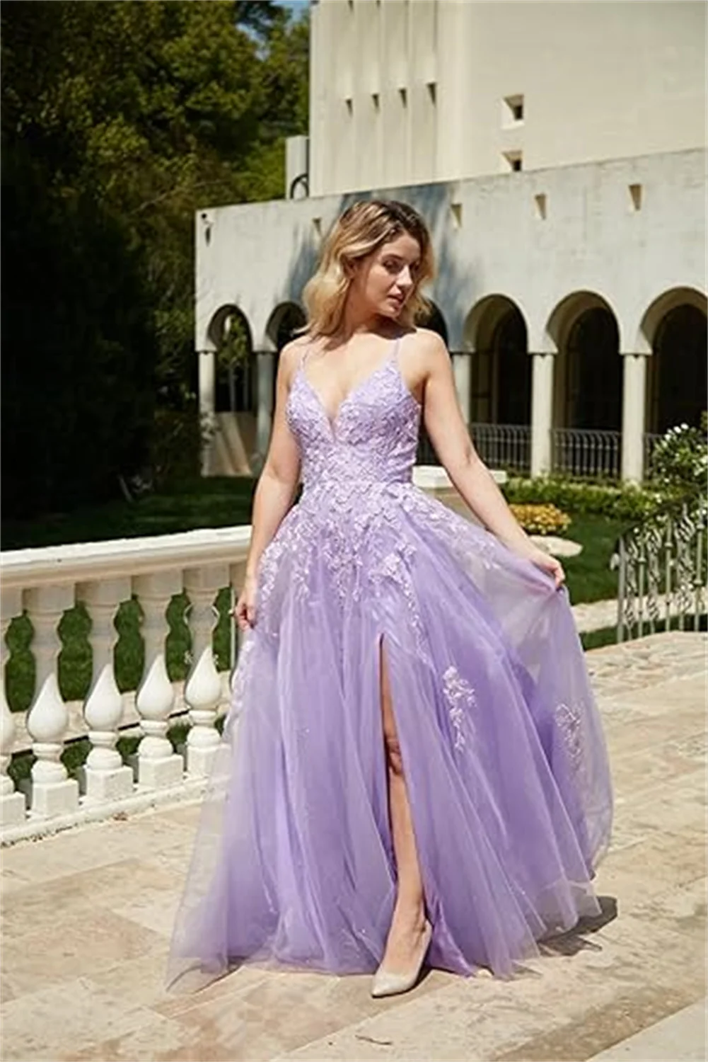 

Customized Tulle Lace Appliques Prom Dress Long V Neck Bridesmaid Dress For Women Spaghetti Straps Corset Backless Evening Dress