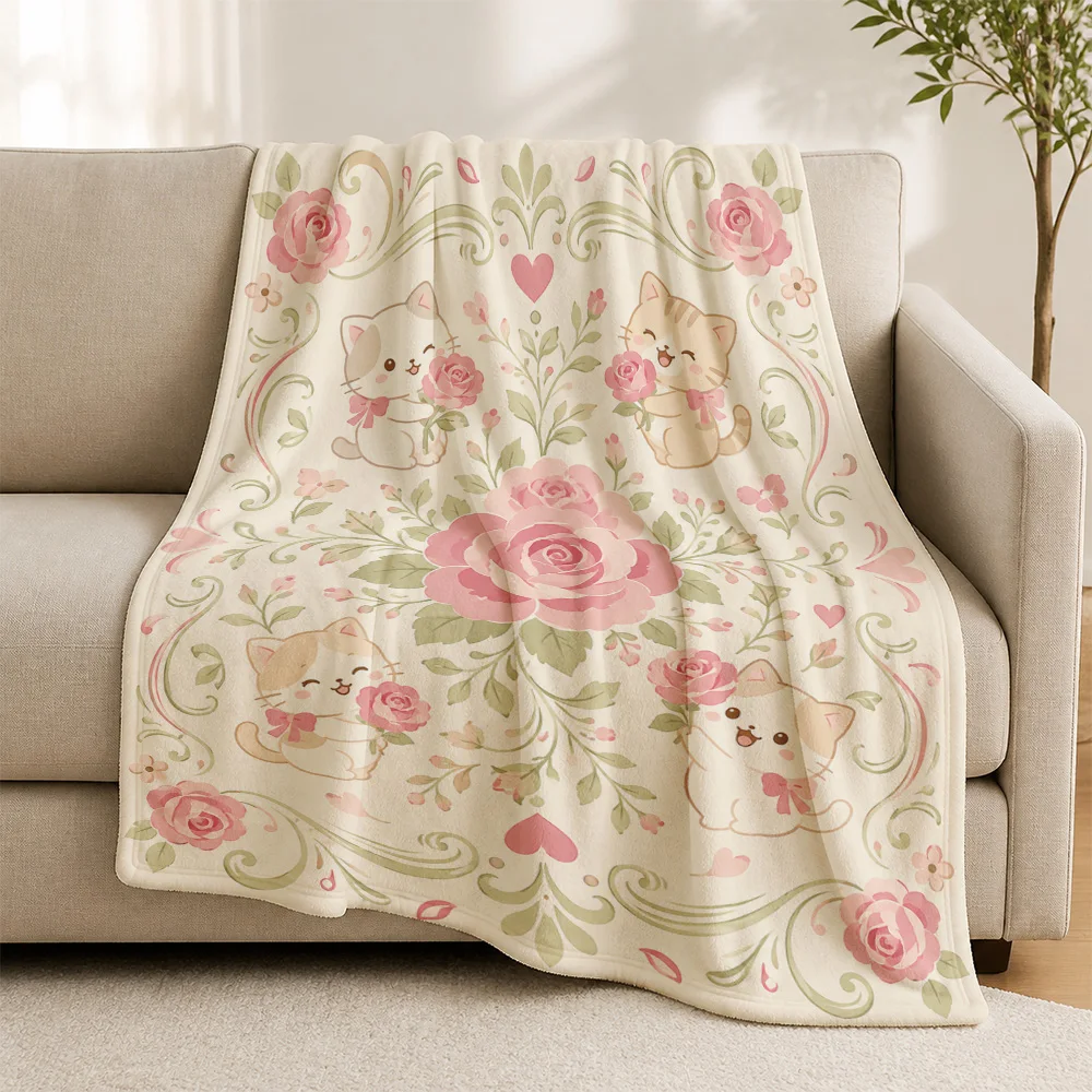 Cute Cat Floral Rose Throw Blanket for Sofa Couch Decor Romantic Plush Knit Lap Blanket Springtime Cozy Gift Decorative Home Dec