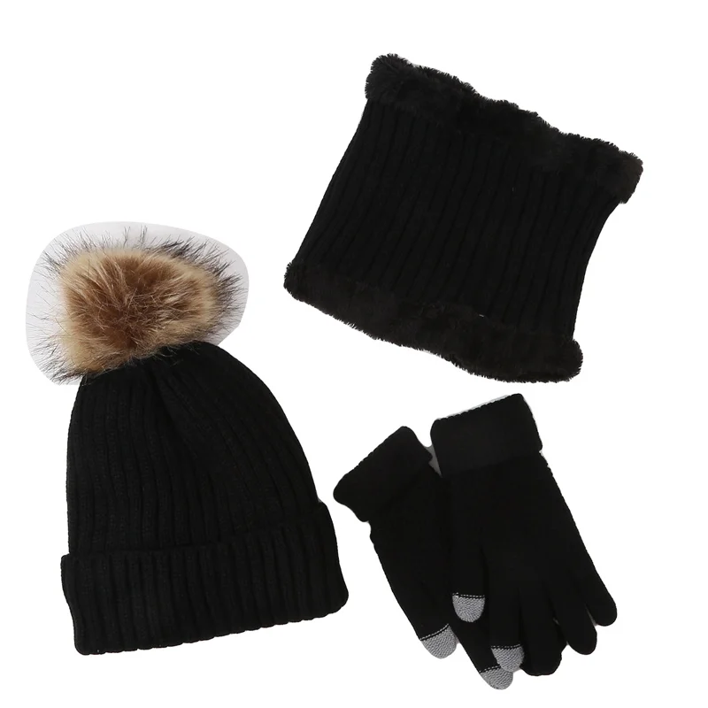 

3Pcs Winter Women Hat Scarf Gloves Set Solid Color Bonnet Cute Pompom Knitted Hats Outdoor Warm Accessories