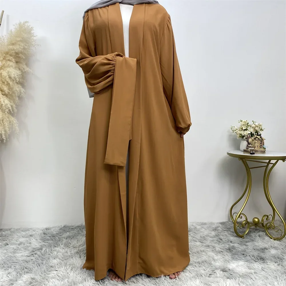 Dubai Saudi Solid Color Turkish Abaya Muslim Women Prayer Dress Lace-up Cardigan with Pocket Abaya Smocking Sleeve Islamic Robes