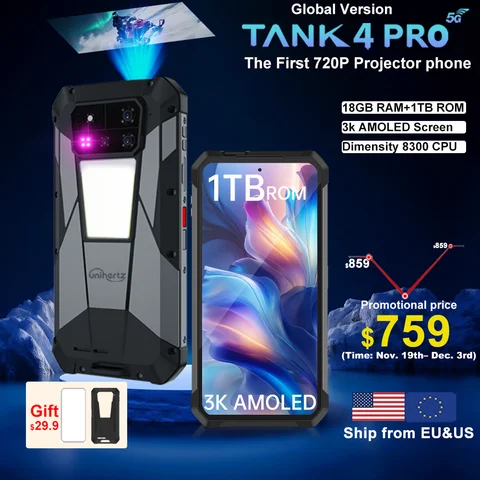 【World premiere】Unihertz by 8849 Tank 4 pro Smartphone 5G with 720P Projector Dimensity 8300 36GB+1TB Cellphone 3k AMOLED