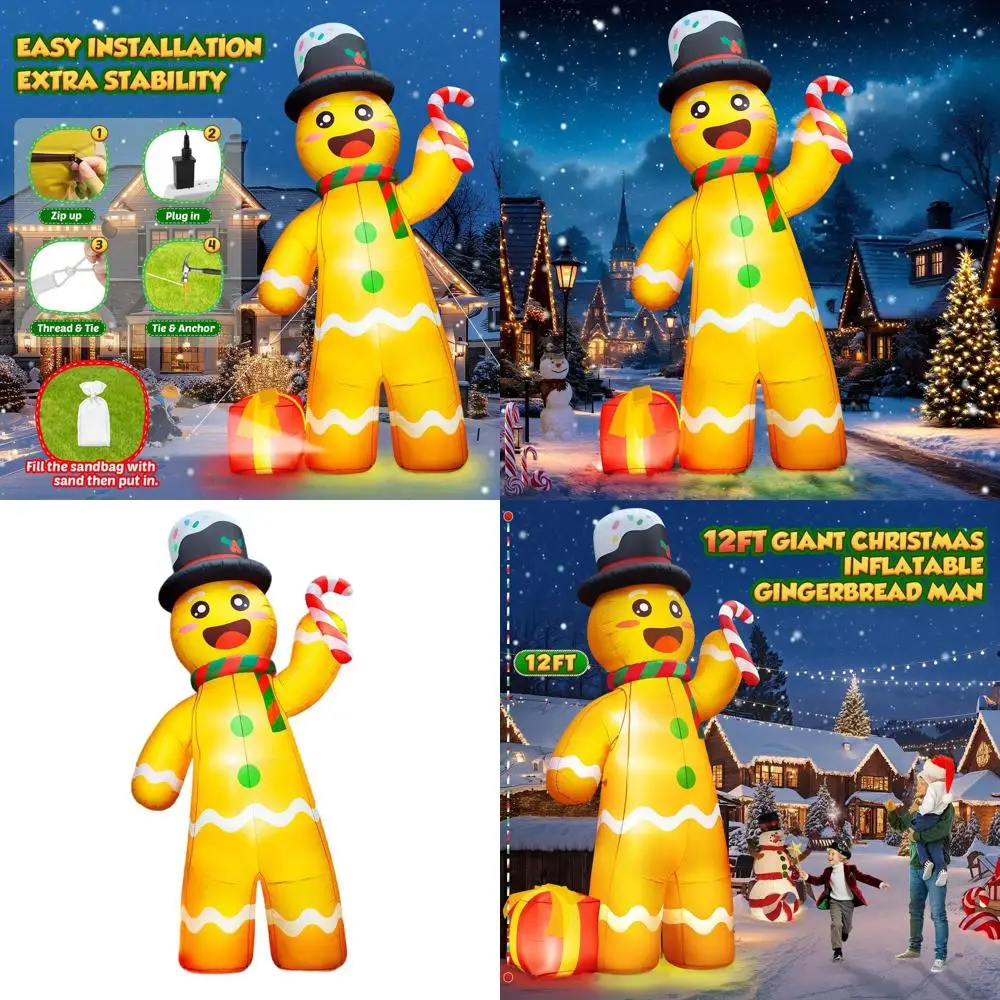 

Гигантский пряничный человечек со светодиодной подсветкой 12 футов, уличный рождественский декор с конфеточной тростью и подарок для праздничного двора