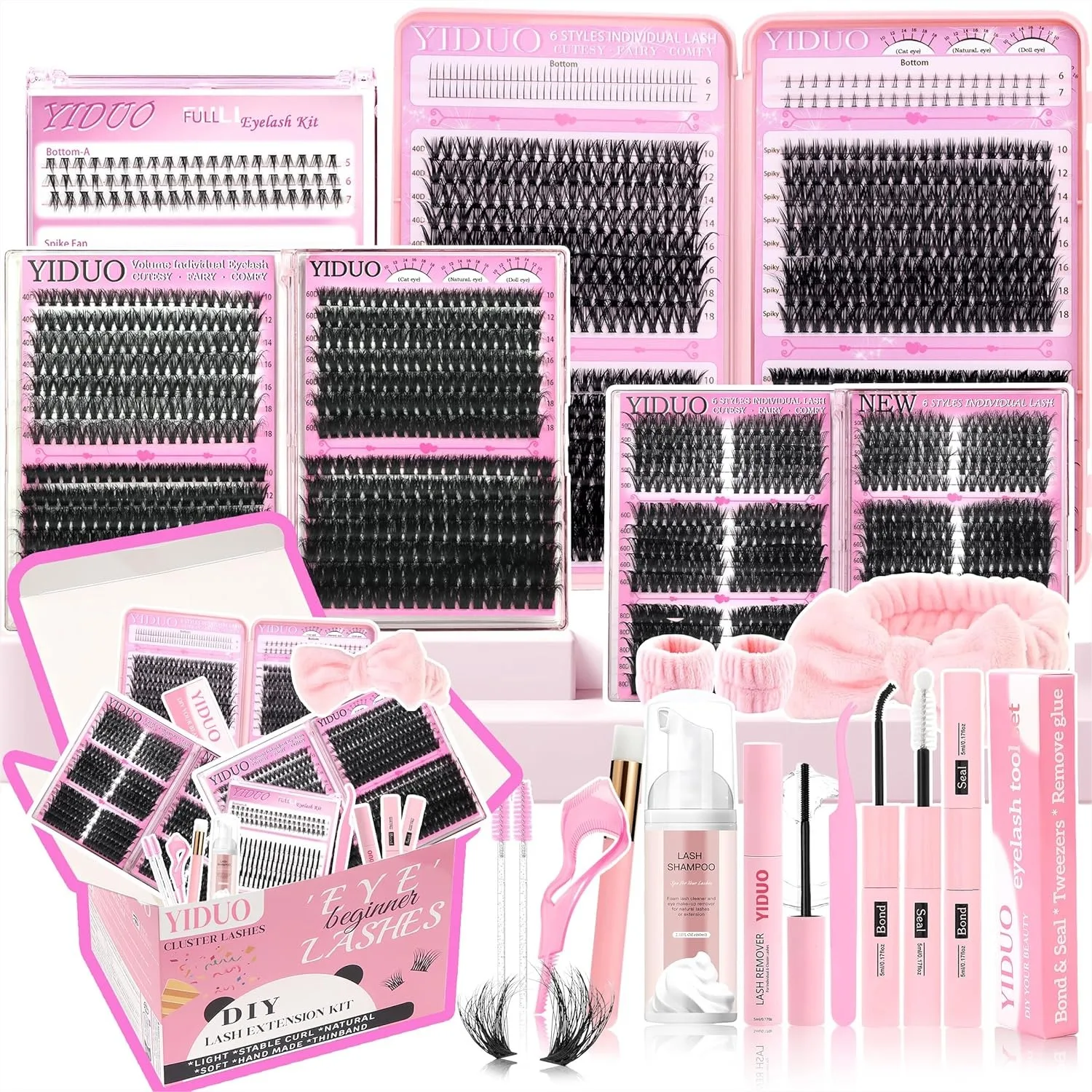 

Lashes Clusters Kit 1864Pcs Bulk False Eyelash Extensions Wispy Volume Studio Effect, DIY Lash Set with Glue, Tweezers & Remover