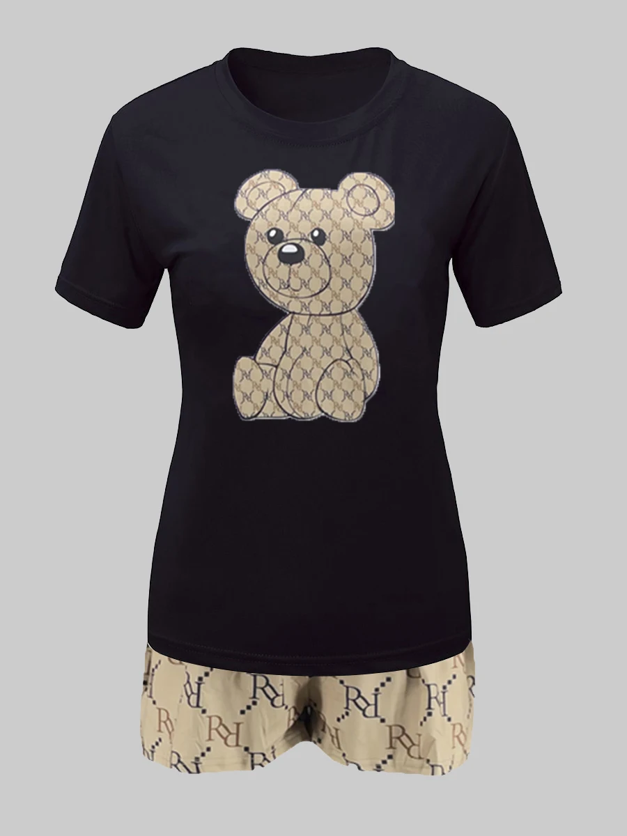 Conjunto de shorts com estampa de urso geométrico LW para mulheres, pescoço O, manga curta, camiseta básica, fundo misto Hipster, 2 unid, 2 unid