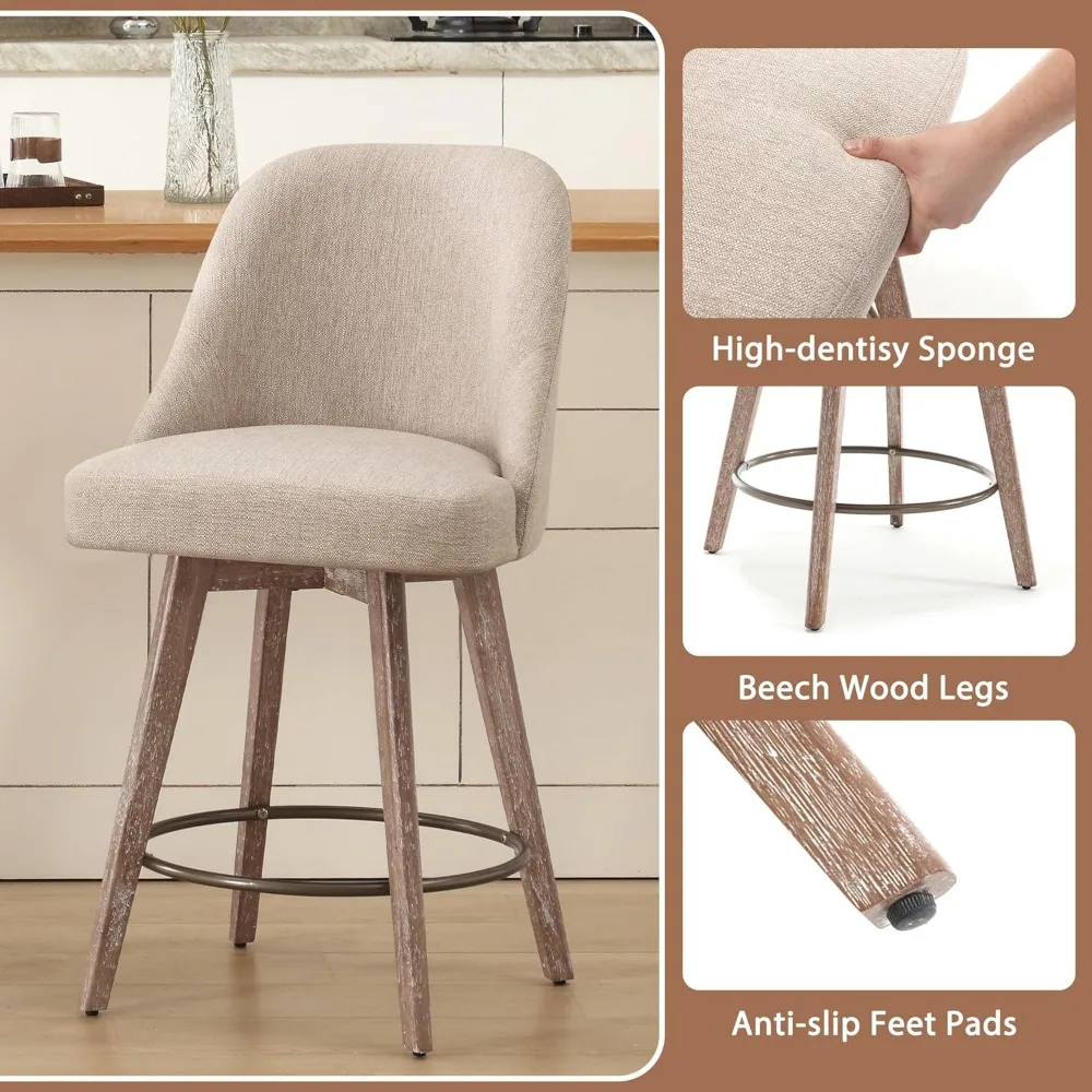 Juego de 2 taburetes de bar giratorios con altura de mostrador, taburetes de bar tapizados de tela con respaldo y asiento grueso, patas de madera maciza, Ba moderna de 26"