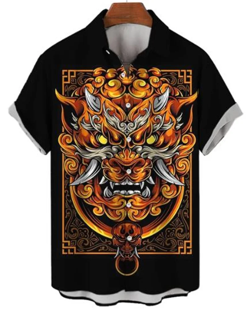 Hawaii Men's Oversized 3D Printed Devil High Quality Shirt Summer Street Wear Gothic Short Sleeve Fashion Button