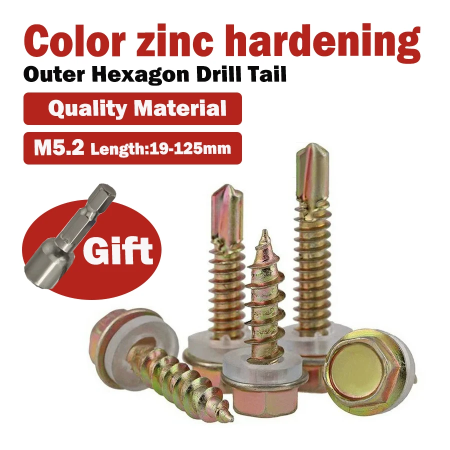 M5.2 Hex Head Self-Drilling Screws with Washer - Roofing Metal Sheet Fasteners Self-Tapping and Self-Drilling Metal Fixings