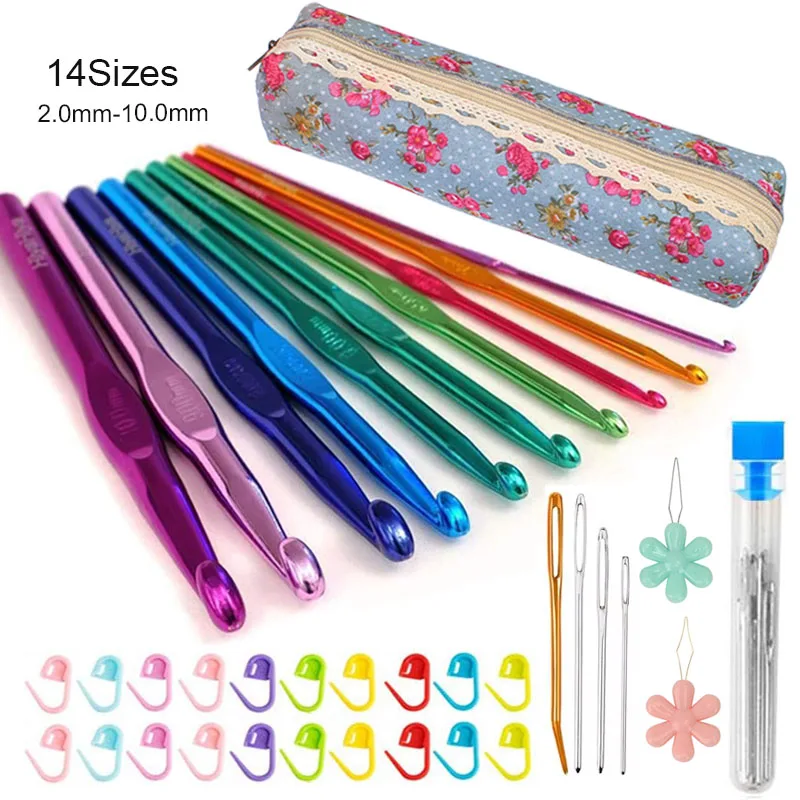 40PCS Crochet Hooks Set High Quality Coloured Aluminum Ergonomic Handle Crochet Hook with Stitch Marker,Large-Eye Blunt Needle