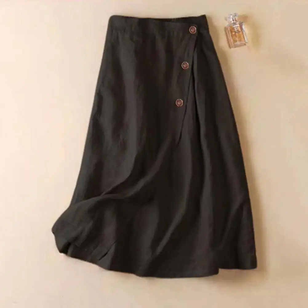 

Elegant Women Midi Skirt Solid Color Elastic Waist A-line Button Decor Streetwear High Waist Lady Summer Skirt Female Clothes