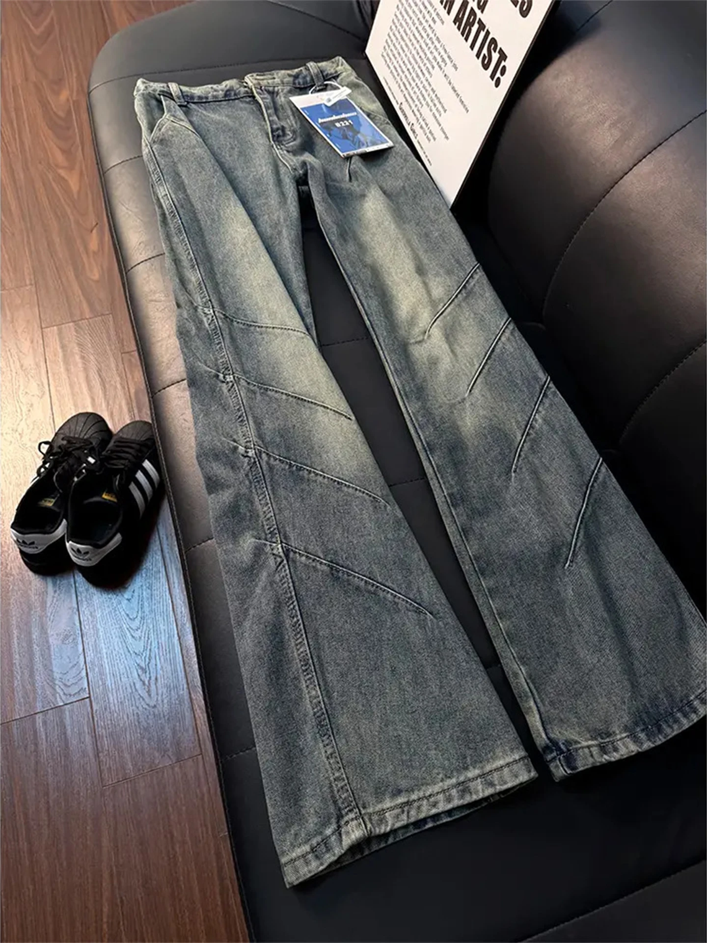 

Мужские джинсы Cleanfit Ark Fin с плиссировкой и расклешением, в американском уличном стиле, прямого кроя, повседневные, из хлопкового денима