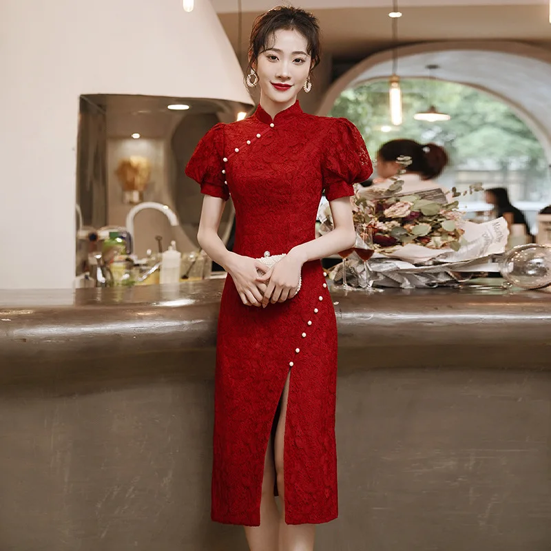 

New Chinese Style Improved Cheongsam Short Sleeve Qipao Lady Lace Dressing Gown Elegant Dress Vintage Wedding Party Vestidos