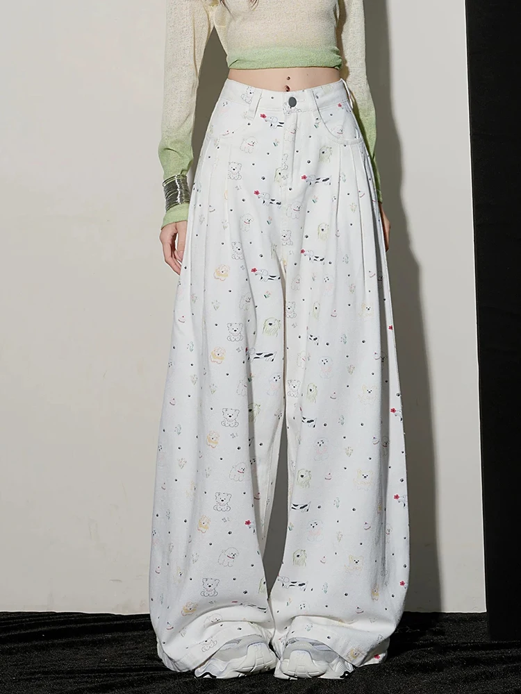 

Y2K Womens White Printed Jeans Wide Leg Autumn New High Waisted Loose Hanging Feeling Slimming Floor Pants