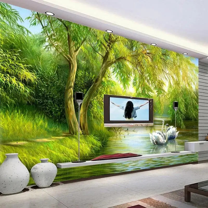 Wallpaper Mural khusus 3D hutan angsa danau alam pemandangan foto kertas dinding ruang tamu TV latar belakang Sofa dinding dekorasi rumah