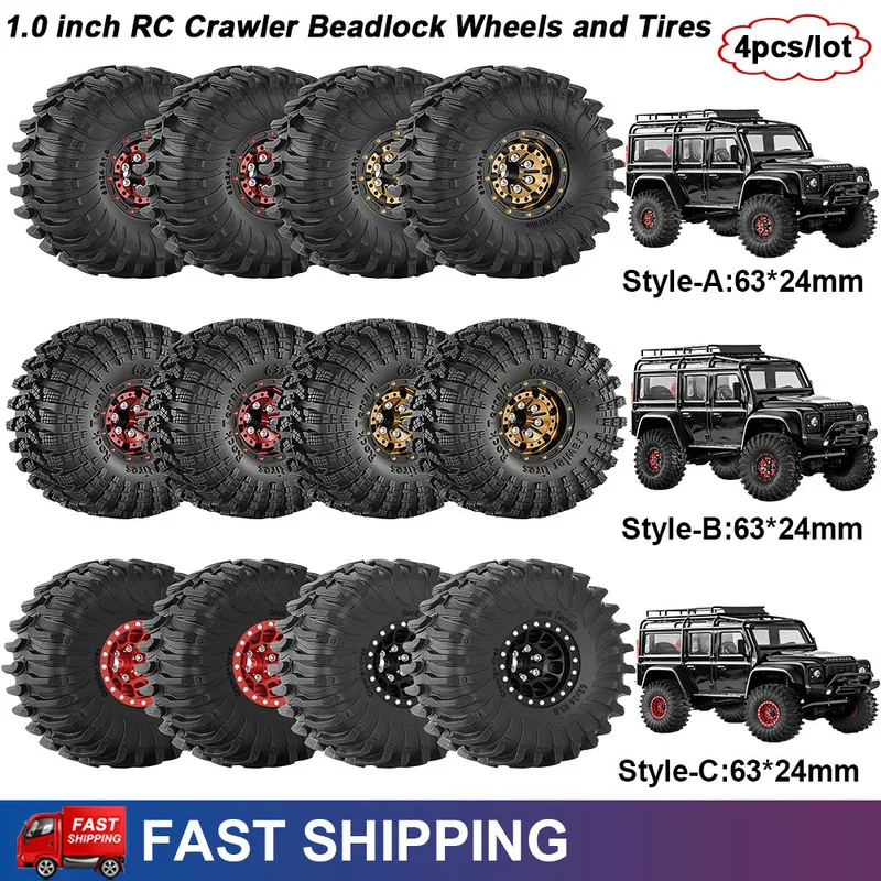 4pcs 1.0 inch Aluminium RC Cralwer Beadlock Wheel and Tires Set for 1/18 Traxxas TRX4M 1/24 Axial SCX24 AX24 FCX24