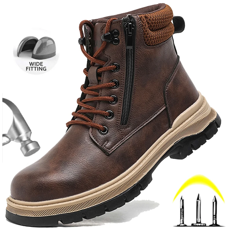 Men Work Boots Puncture-Proof Waterproof Work Shoes Steel Toe Safety Boots Industrial Indestructible Boots Side Zipper Shoes