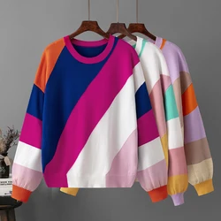 Jersey de punto con costuras a rayas para mujer, jersey de gran tamaño, Tops cálidos, Otoño e Invierno