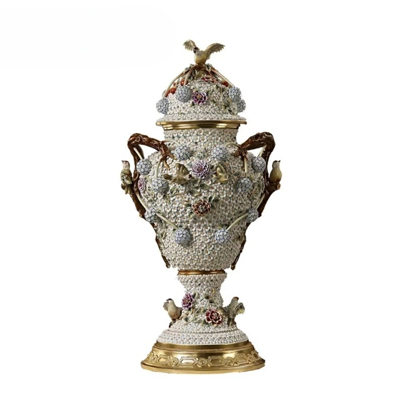 Style Flower Bird Porcelain Bronze Grandfather Bell Flower Trophy Modeling Floor Clock