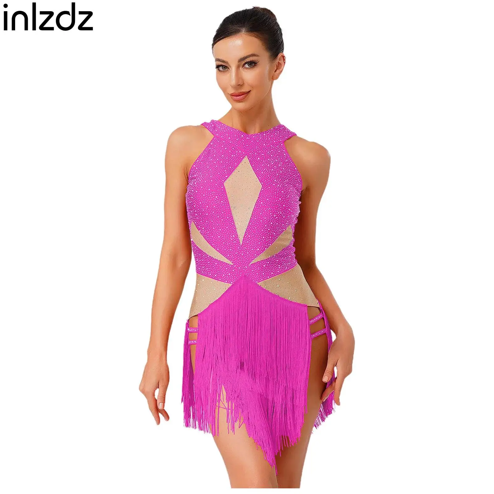 

Tassel Latin Tango Dance Leotards for Womens Chacha Rumba Samba Costumes Rhinestones Backless Contrast Color Bodysuits Jumpsuits