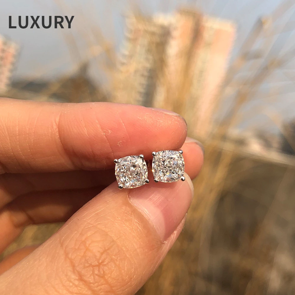 

Luxury 100% 925 Sterling Silver 2.4 Carat Cushion-Shaped 6*6mm High Carbon Diamond earrings For Women Sparkling Wedding Gifts