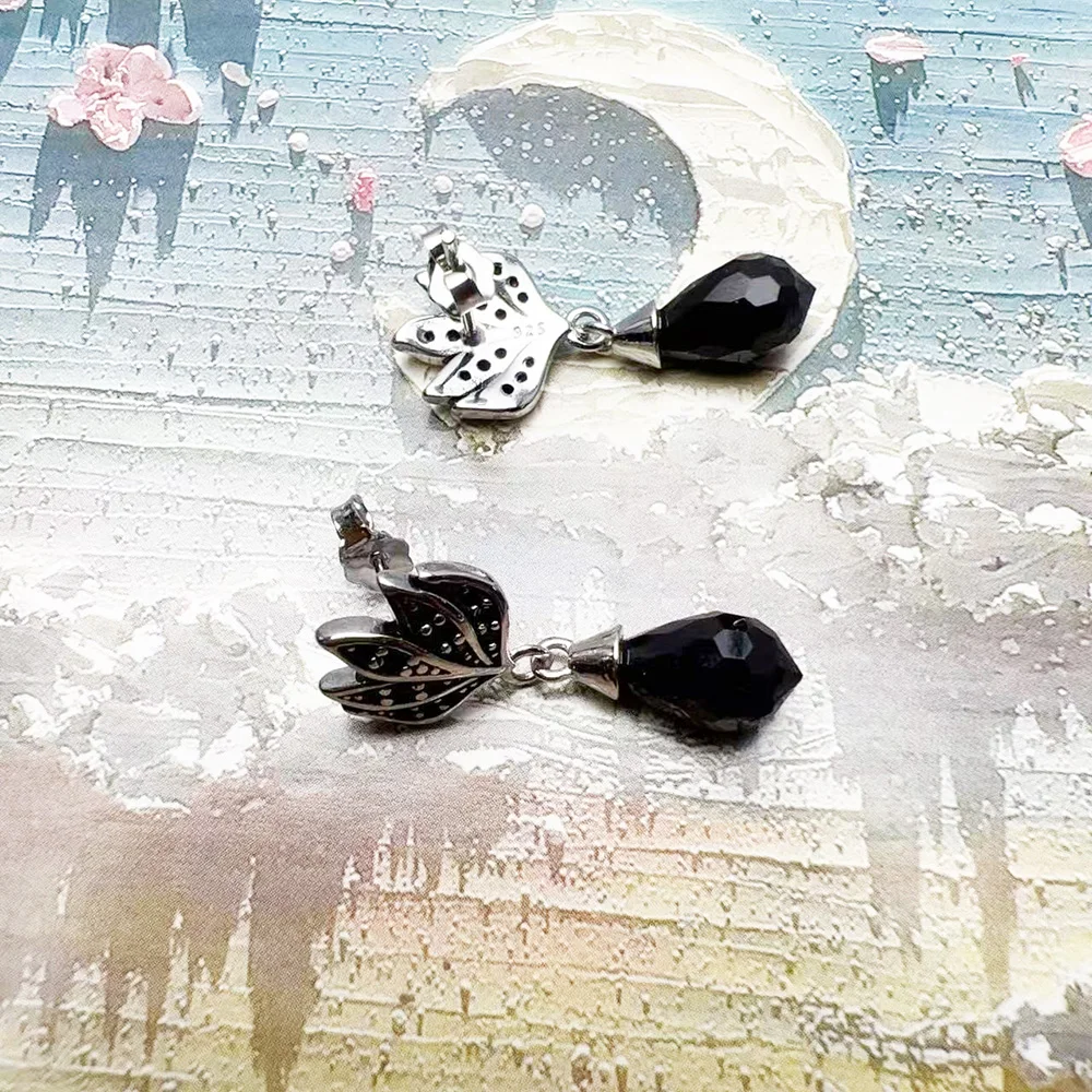 Ohrringe, schwarzes Flammen-Design, Wassertropfen, neu, Vintage-Stil, 925er Sterlingsilber, Geschenk für Frauen, hochwertiger edler Schmuck – Detail 4