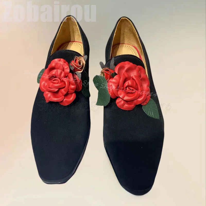 Red Appliques Decor Black Square Toe Flock Loafers Fashion Slip On Men Shoes Luxurious Handmade Party Banquet Men Casual Shoes