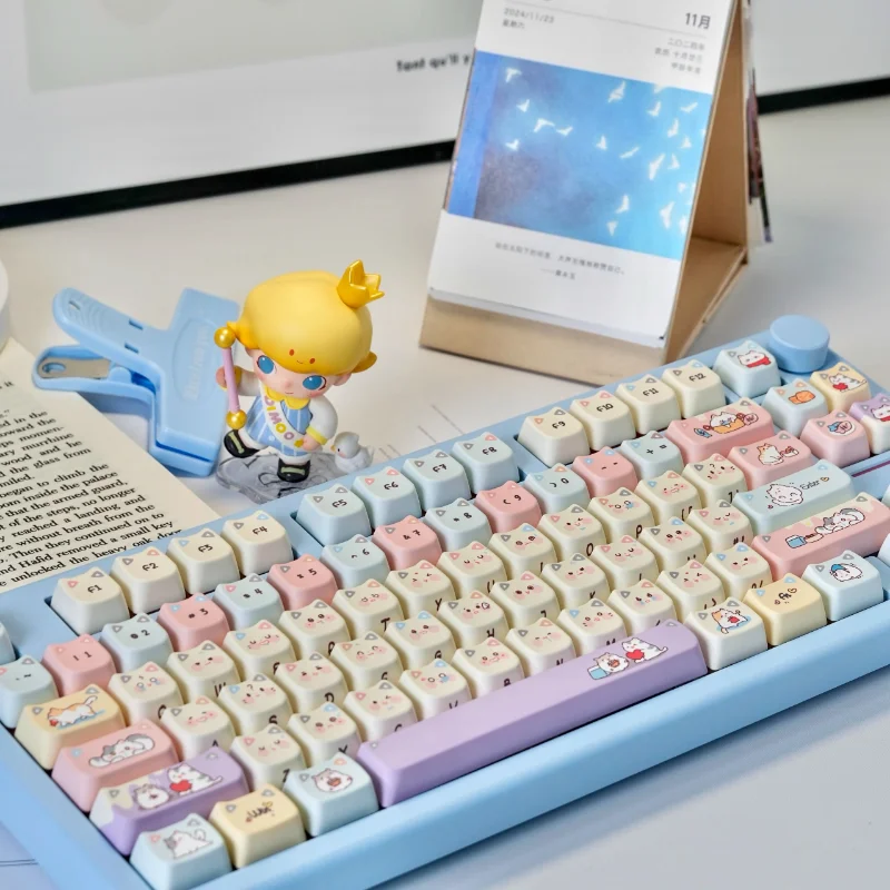 MiFuny Cute Cat Head Keycap Cat's Daily 128 Keys Set PBT Keycaps MAO Profile Custom Girl Key Caps for Mechanical Keyboards Gifts