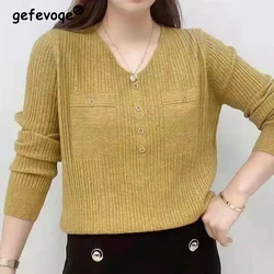 Autumn Fashion Long Sleeve Solid Color Casual Button Shirts 2022 Spring New Loose Women Clothing Commute V Neck Knitting Blouses