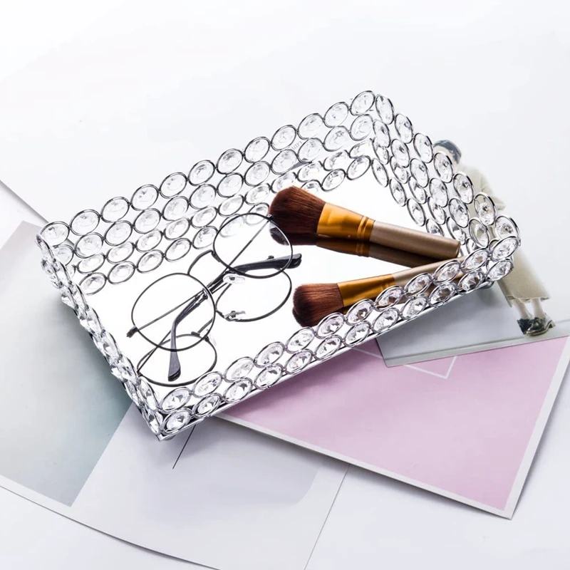 Crystal Rectangle Cosmetic Tray Jewelry Trinket Organizer Mirror Decorative Tray Perfume Skin Care Organizer(Silver)